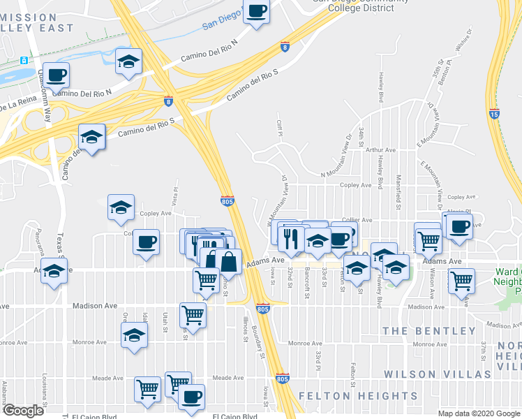map of restaurants, bars, coffee shops, grocery stores, and more near 4817 Kenmore Terrace in San Diego