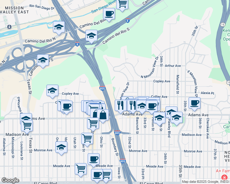 map of restaurants, bars, coffee shops, grocery stores, and more near 4817 Kenmore Terrace in San Diego