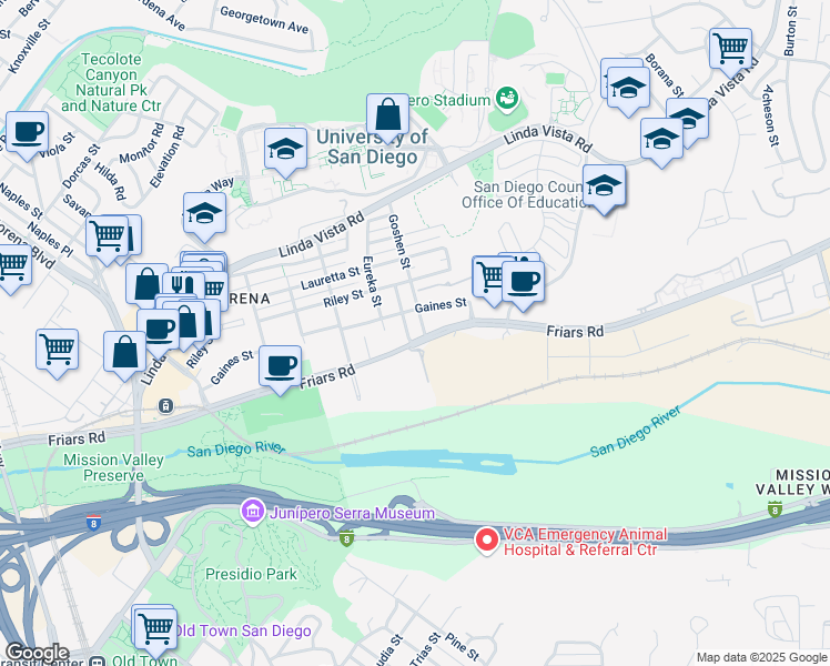 map of restaurants, bars, coffee shops, grocery stores, and more near 1058 Fresno Street in San Diego