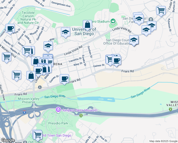 map of restaurants, bars, coffee shops, grocery stores, and more near 1058 Fresno Street in San Diego