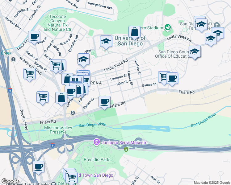 map of restaurants, bars, coffee shops, grocery stores, and more near 5663 Gaines Street in San Diego