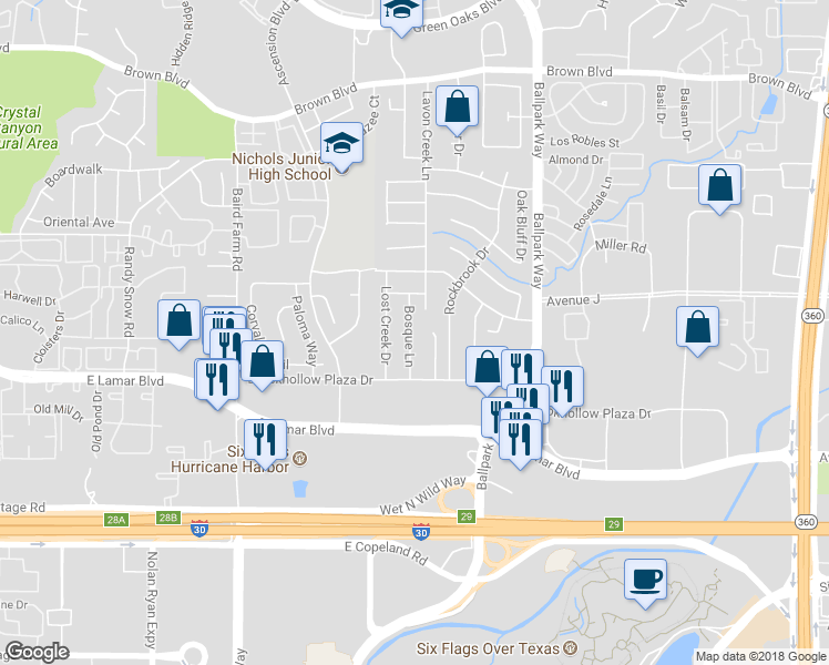 map of restaurants, bars, coffee shops, grocery stores, and more near 1917 Bosque Lane in Arlington