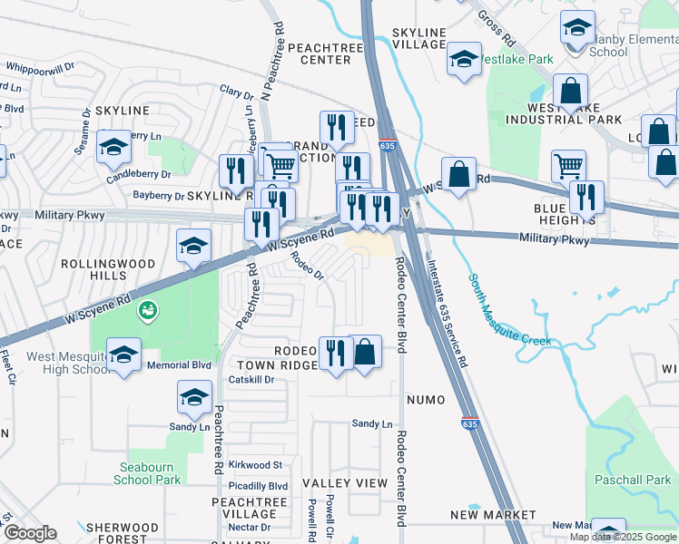 map of restaurants, bars, coffee shops, grocery stores, and more near 2128 Crooked Bow Drive in Mesquite