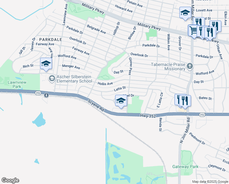 map of restaurants, bars, coffee shops, grocery stores, and more near 6408 Latta Street in Dallas