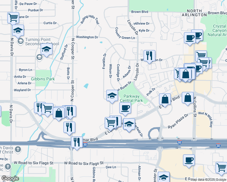 map of restaurants, bars, coffee shops, grocery stores, and more near 2016 Van Buren Dr in Arlington