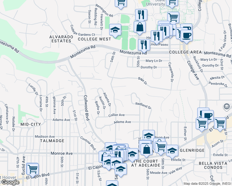 map of restaurants, bars, coffee shops, grocery stores, and more near 4841 54th Street in San Diego