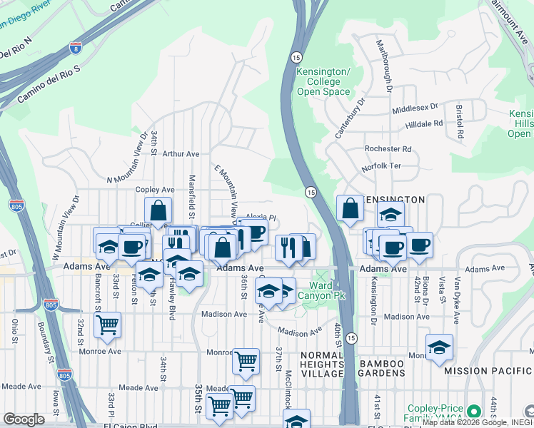 map of restaurants, bars, coffee shops, grocery stores, and more near 3668 Alexia Place in San Diego