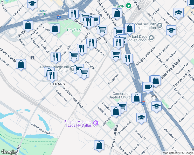 map of restaurants, bars, coffee shops, grocery stores, and more near 2401 Santa Fe Avenue in Dallas