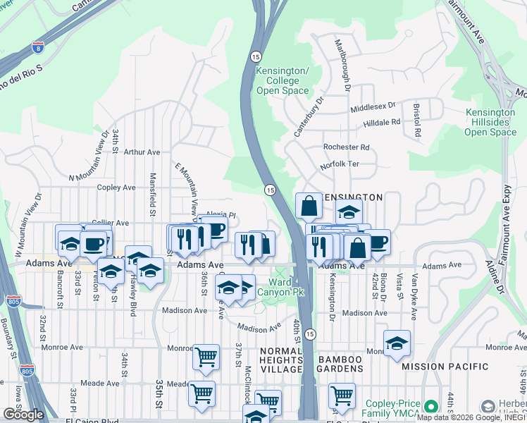 map of restaurants, bars, coffee shops, grocery stores, and more near 4854 39th Street in San Diego