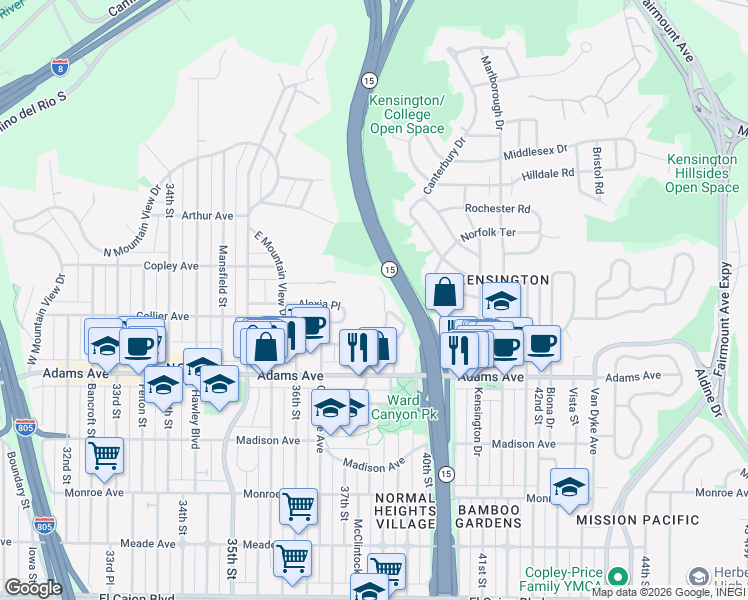 map of restaurants, bars, coffee shops, grocery stores, and more near 4854 39th Street in San Diego