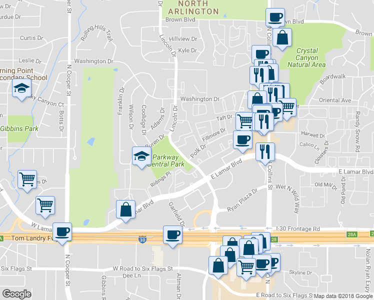 map of restaurants, bars, coffee shops, grocery stores, and more near 714 Ridgeglen Drive in Arlington