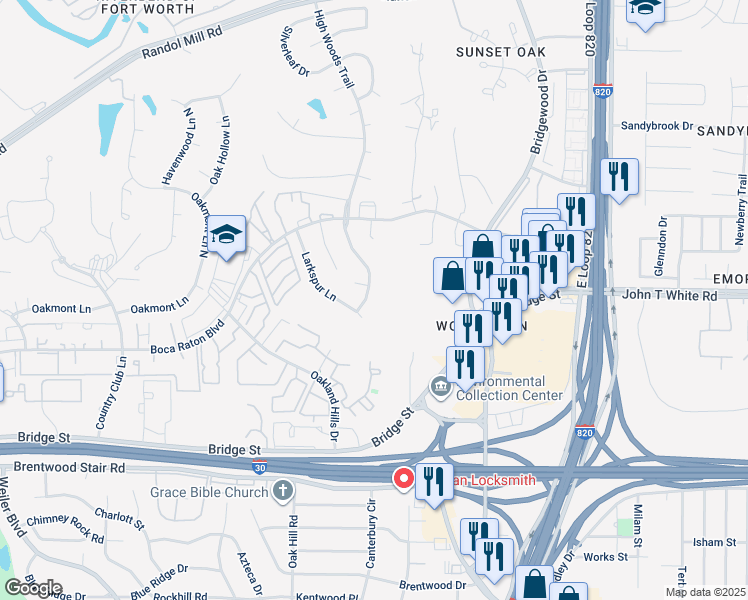 map of restaurants, bars, coffee shops, grocery stores, and more near 921 High Woods Trail in Fort Worth