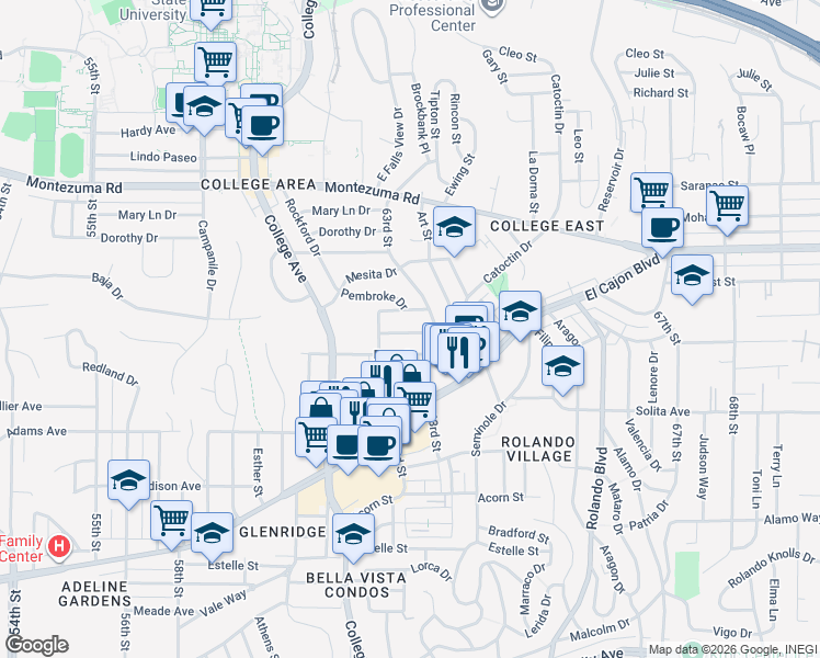 map of restaurants, bars, coffee shops, grocery stores, and more near 6262 Stewart Street in San Diego