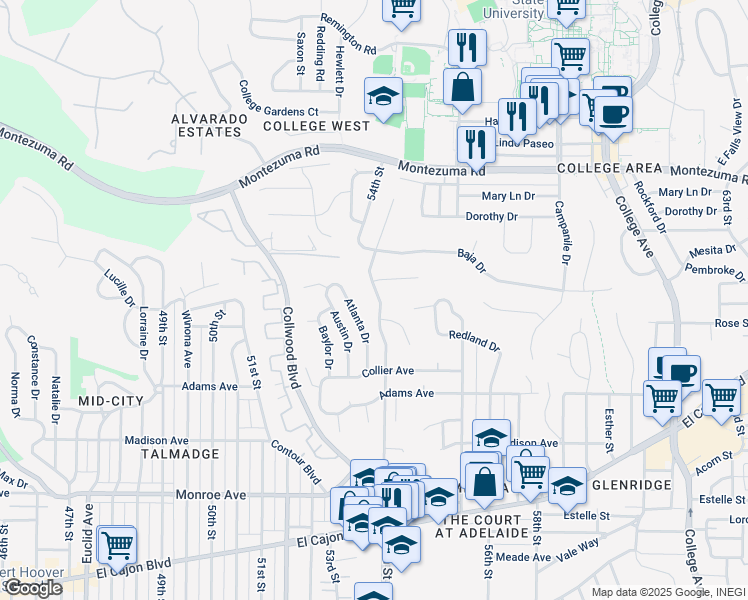 map of restaurants, bars, coffee shops, grocery stores, and more near 4848 54th Street in San Diego