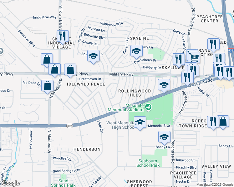map of restaurants, bars, coffee shops, grocery stores, and more near 208 Darien Drive in Mesquite