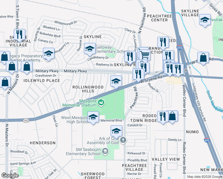 map of restaurants, bars, coffee shops, grocery stores, and more near 213 Glenridge Drive in Mesquite