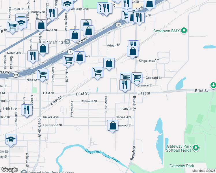 map of restaurants, bars, coffee shops, grocery stores, and more near 121 Cottonwood Street in Fort Worth