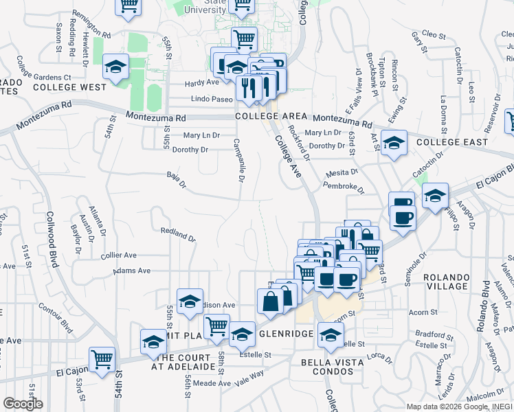 map of restaurants, bars, coffee shops, grocery stores, and more near 5867 Baja Drive in San Diego