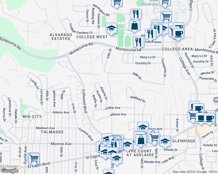 map of restaurants, bars, coffee shops, grocery stores, and more near 4848 54th Street in San Diego