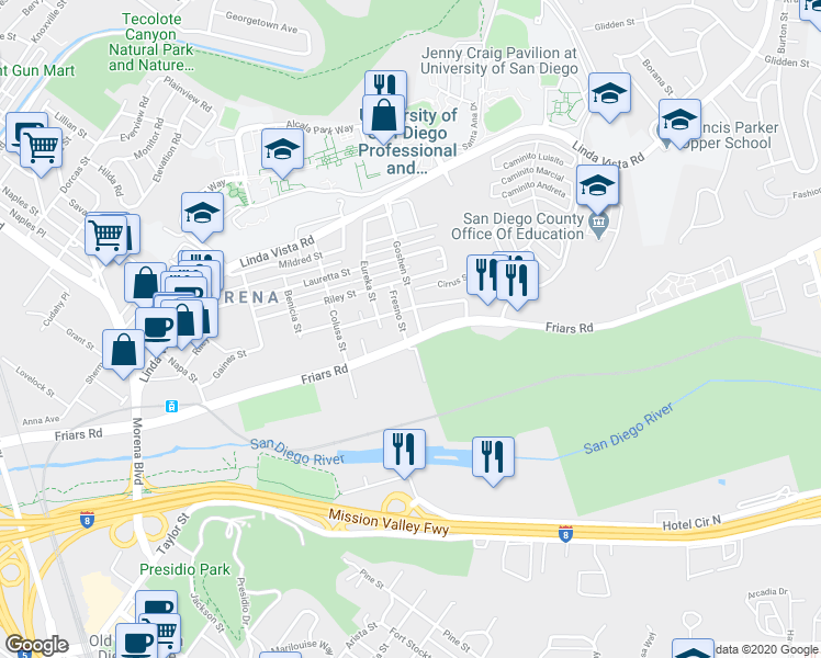 map of restaurants, bars, coffee shops, grocery stores, and more near 1065 Fresno Street in San Diego