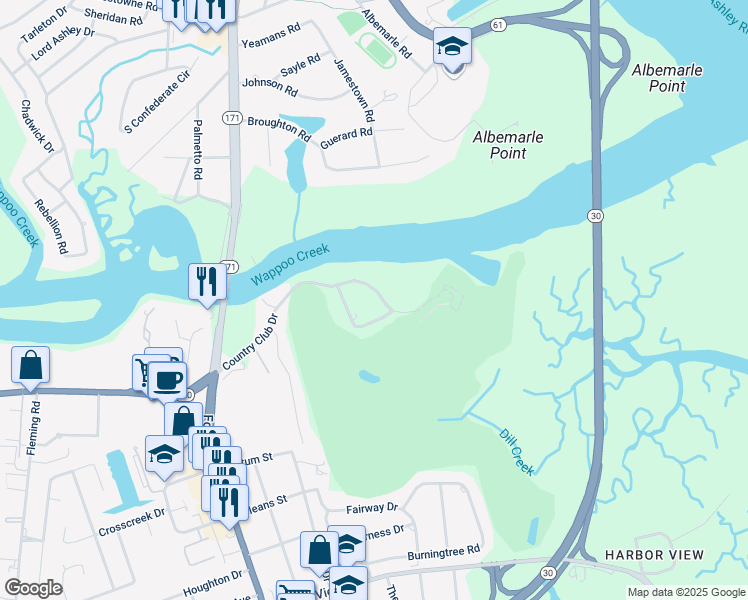 map of restaurants, bars, coffee shops, grocery stores, and more near 13 Country Club Drive in Charleston