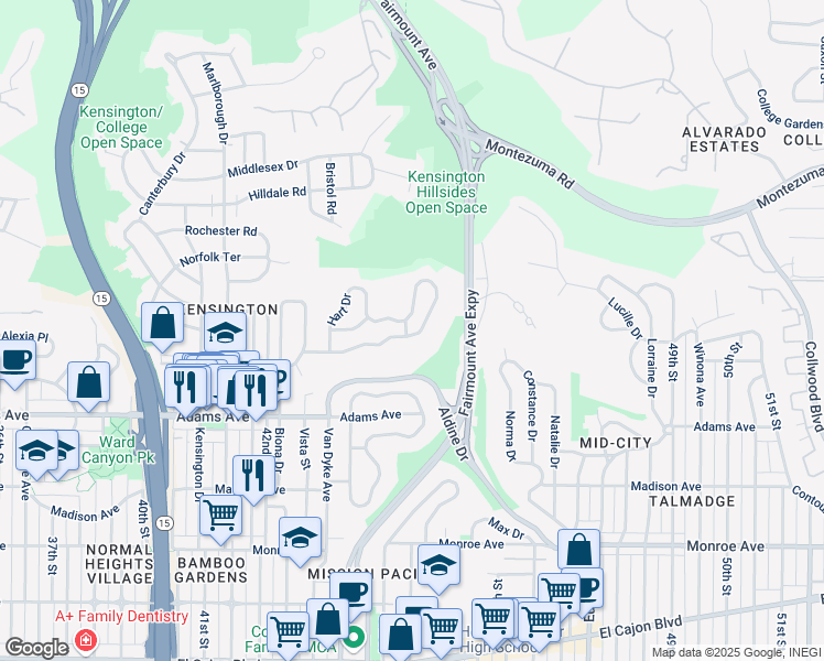 map of restaurants, bars, coffee shops, grocery stores, and more near 4802 East Alder Drive in San Diego