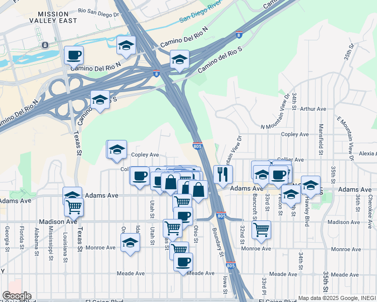 map of restaurants, bars, coffee shops, grocery stores, and more near 2954 Copley Avenue in San Diego
