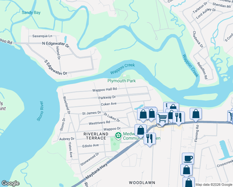 map of restaurants, bars, coffee shops, grocery stores, and more near 606 Parkway Drive in Charleston