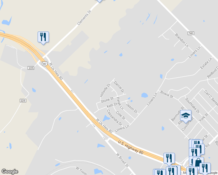 map of restaurants, bars, coffee shops, grocery stores, and more near 303 Hillside Drive in Forney