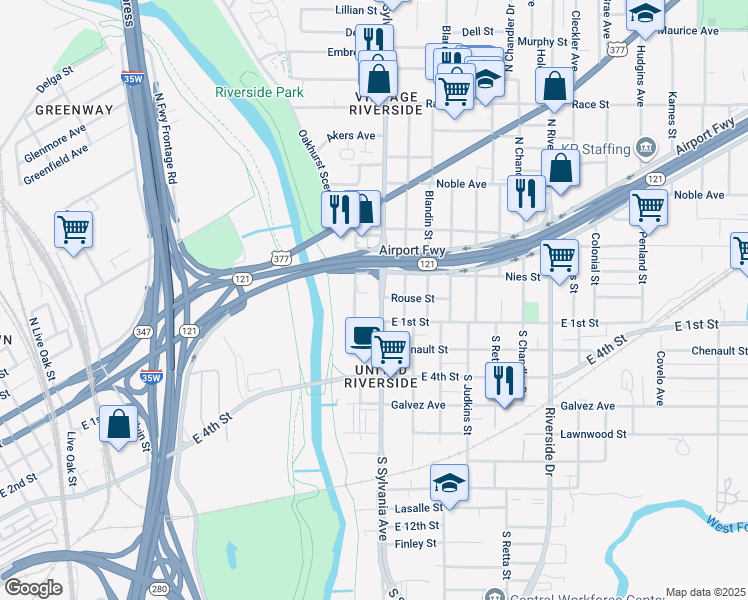 map of restaurants, bars, coffee shops, grocery stores, and more near 125 North Sylvania Avenue in Fort Worth