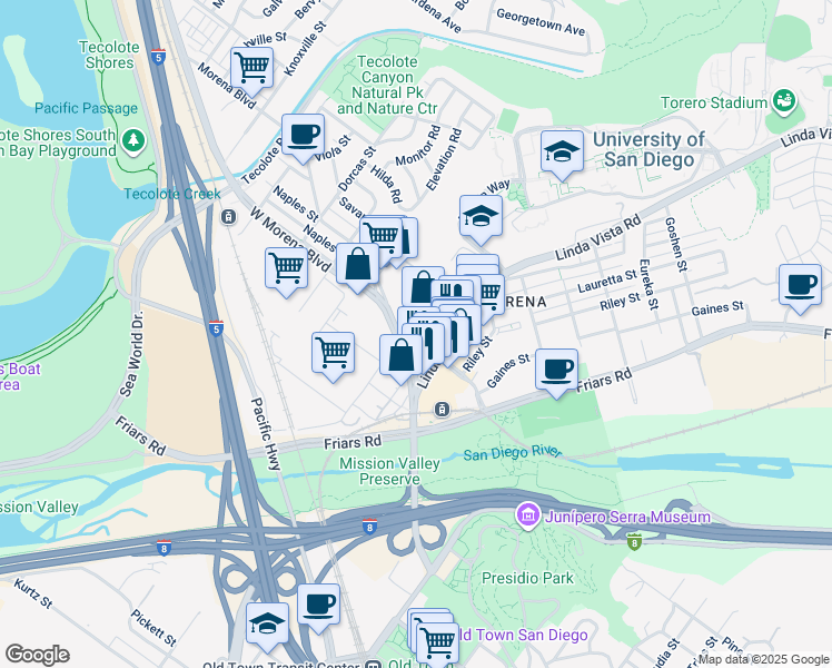 map of restaurants, bars, coffee shops, grocery stores, and more near in San Diego