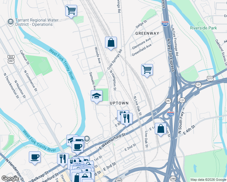 map of restaurants, bars, coffee shops, grocery stores, and more near 701 North Hampton Street in Fort Worth