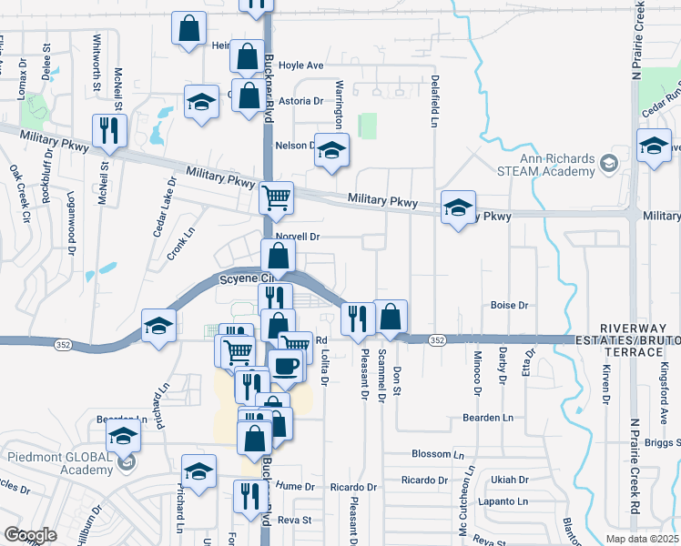map of restaurants, bars, coffee shops, grocery stores, and more near 3323 Scyene Court in Dallas