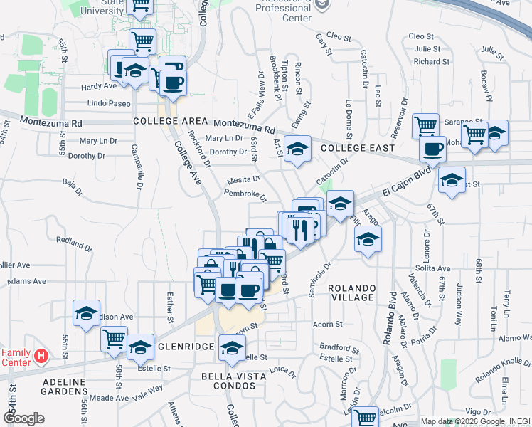 map of restaurants, bars, coffee shops, grocery stores, and more near 6234 Stewart Street in San Diego