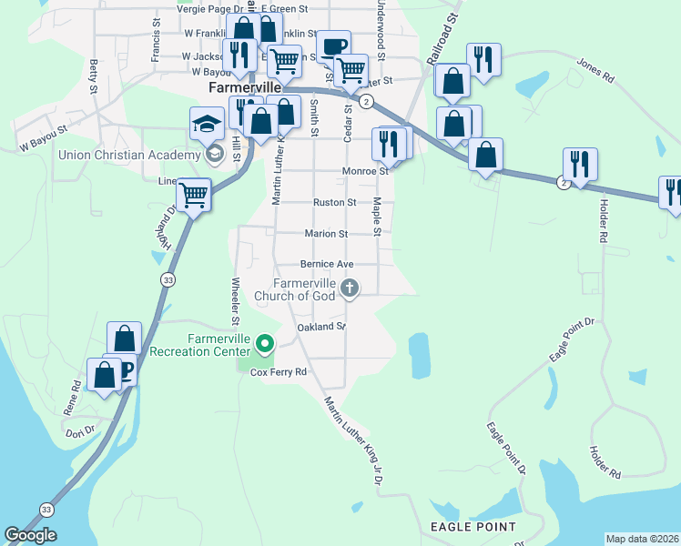 map of restaurants, bars, coffee shops, grocery stores, and more near 801-809 Angle St in Farmerville