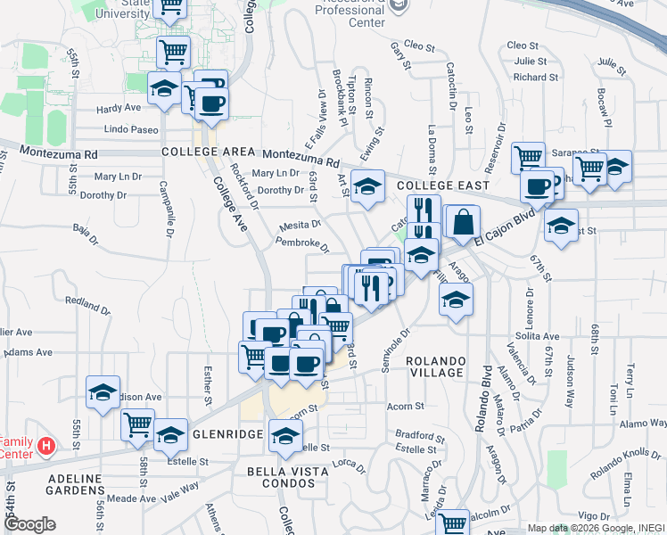 map of restaurants, bars, coffee shops, grocery stores, and more near 6266 Stewart Street in San Diego