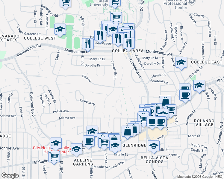 map of restaurants, bars, coffee shops, grocery stores, and more near 5775 Baja Drive in San Diego