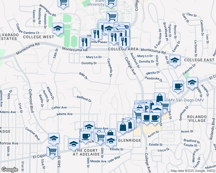 map of restaurants, bars, coffee shops, grocery stores, and more near 5775 Baja Drive in San Diego