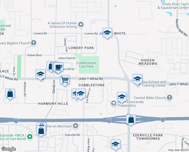 map of restaurants, bars, coffee shops, grocery stores, and more near 7621 John T White Road in Fort Worth