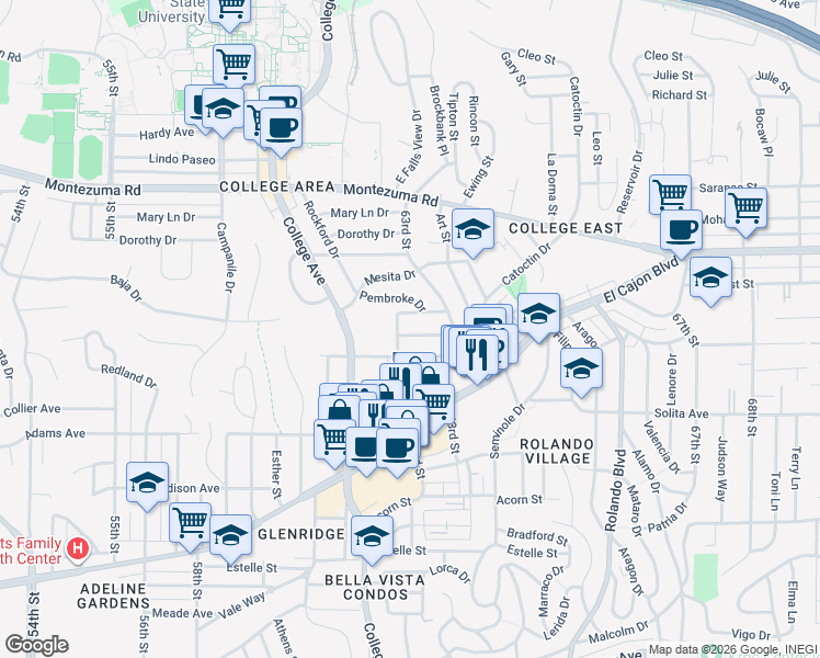 map of restaurants, bars, coffee shops, grocery stores, and more near 6234 Stewart Street in San Diego