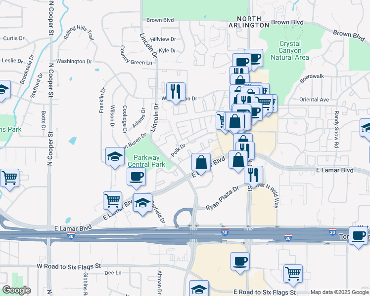 map of restaurants, bars, coffee shops, grocery stores, and more near 716 Polk Drive in Arlington