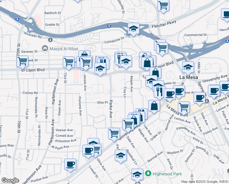 map of restaurants, bars, coffee shops, grocery stores, and more near 7654 Marie Avenue in La Mesa