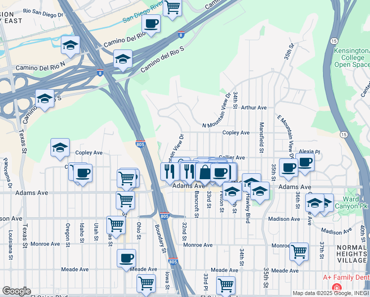 map of restaurants, bars, coffee shops, grocery stores, and more near 3222 Collier Avenue in San Diego