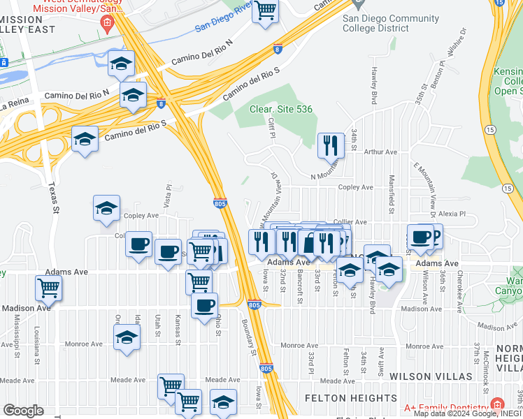 map of restaurants, bars, coffee shops, grocery stores, and more near 4828 West Mountain View Drive in San Diego
