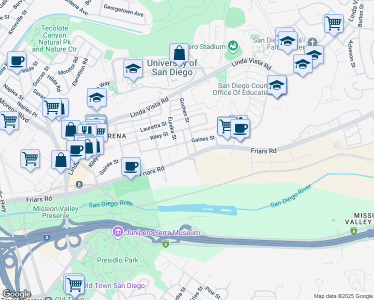 map of restaurants, bars, coffee shops, grocery stores, and more near 1058 Fresno Street in San Diego