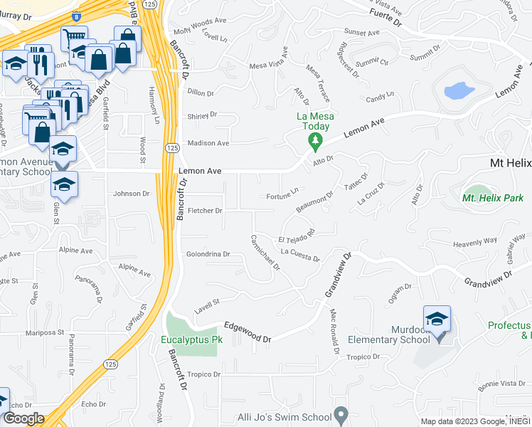 map of restaurants, bars, coffee shops, grocery stores, and more near 9308 Carmichael Drive in La Mesa