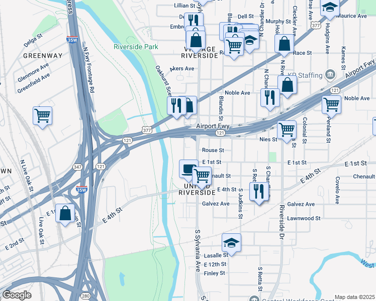 map of restaurants, bars, coffee shops, grocery stores, and more near 125 North Sylvania Avenue in Fort Worth