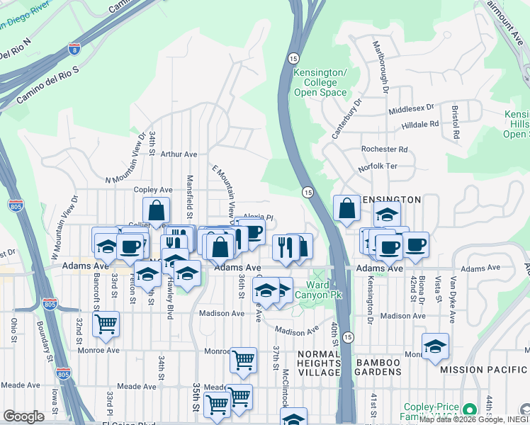 map of restaurants, bars, coffee shops, grocery stores, and more near 3668 Alexia Place in San Diego