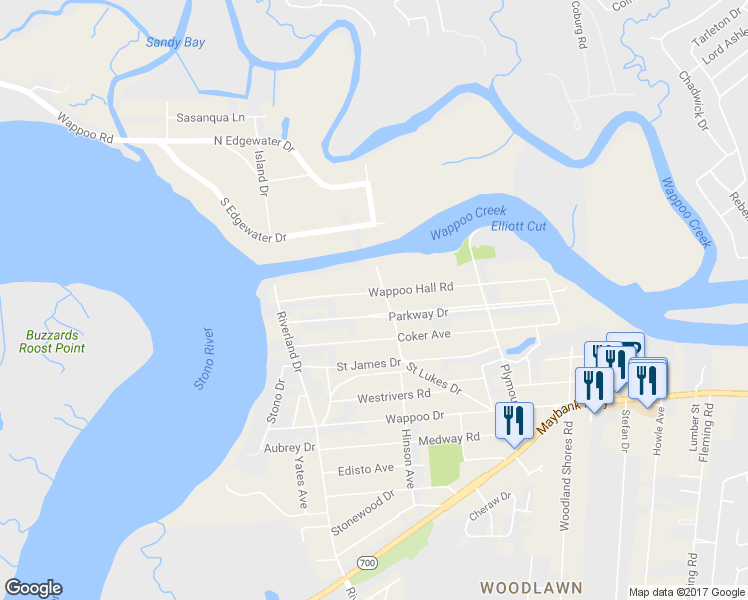 map of restaurants, bars, coffee shops, grocery stores, and more near 2139 Wappoo Hall Road in Charleston