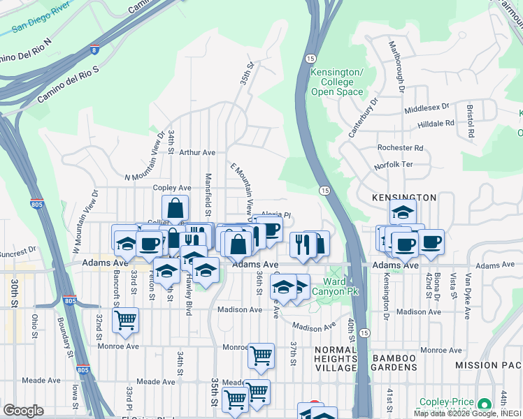 map of restaurants, bars, coffee shops, grocery stores, and more near 3610 Alexia Place in San Diego